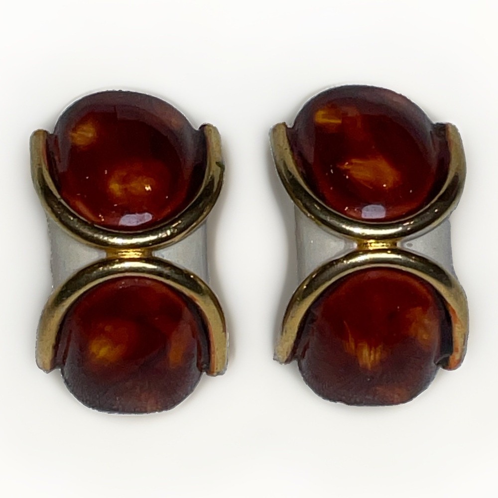 Vintage Gold Tone Faux Amber Tortoise Shell Resin Clip On Statement Earrings - Picture 1 of 8